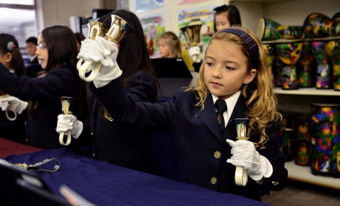 Meadowridge School - Students learning handbells in our PYP Music Room. 