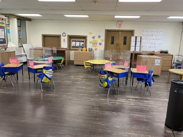 Children's Garden Nursery School - A kindergarten classroom. Maximum of 10 students.  All classrooms have window fans for fresh air circulation and air purification units. 