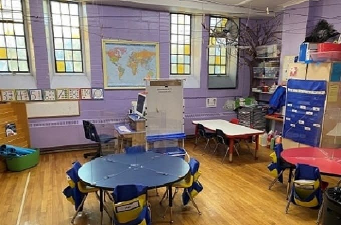 Children's Garden Nursery School - A preschool classroom. Maximum of 8 students.  All classrooms have window fans for fresh air circulation and air purification units. 