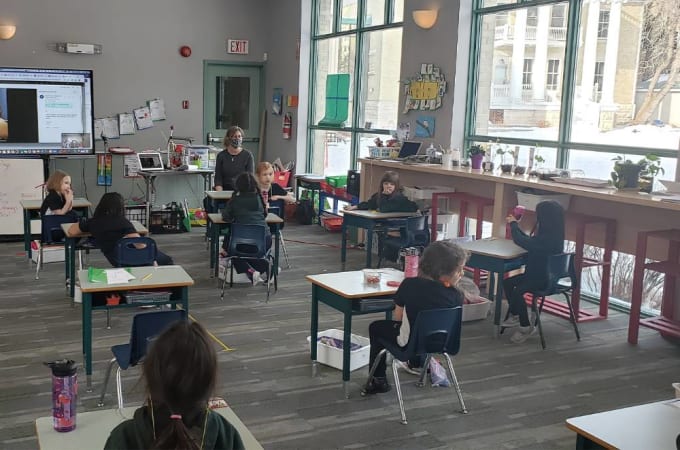 Balmoral Hall School - Grade 1 in their classroom overlooking the Assiniboine River. 