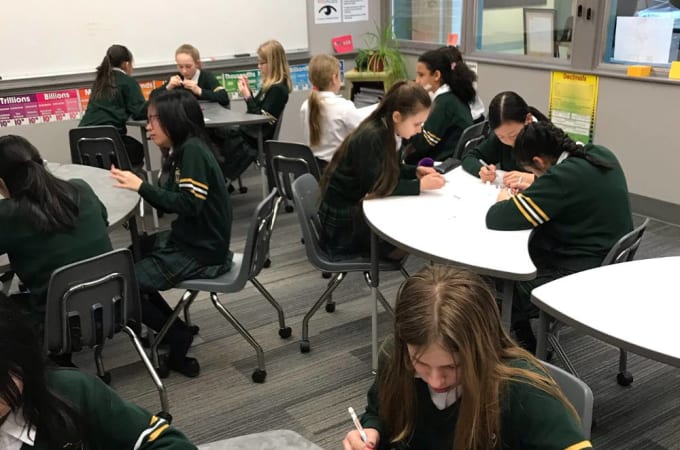 Balmoral Hall School - (2018) Most of our classrooms are collaborative spaces with Harkness-style tables. 