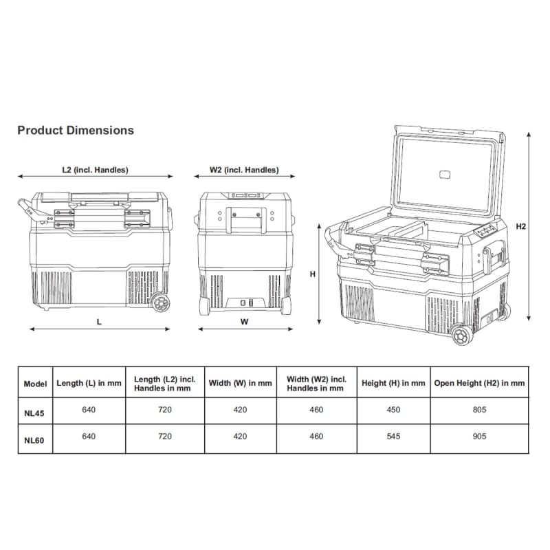 その他 DIMENSIONS National Luna Travel Box 60 Fridge/Freezer with Handle and Wheels