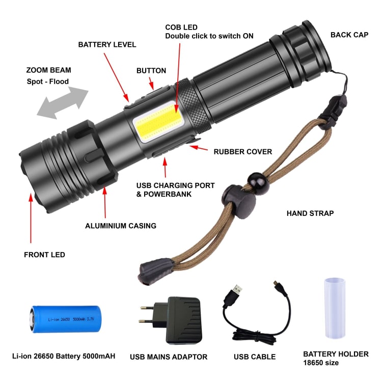 Zartek 1500 Lumen High Bright Rechargeable Flashlight - default