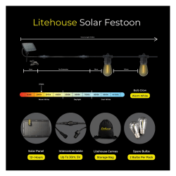 Litehouse Solar Festoon Outdoor Bulb String Lights 15 Meter