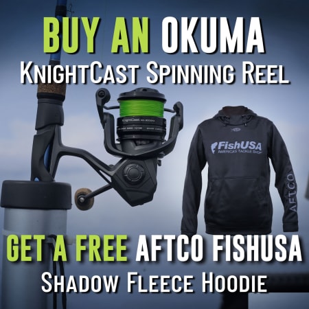 Buy An Okuma KnightCast Spinning Reel Get a Free AFTCO FishUSA Shadow Fleece Hoodie