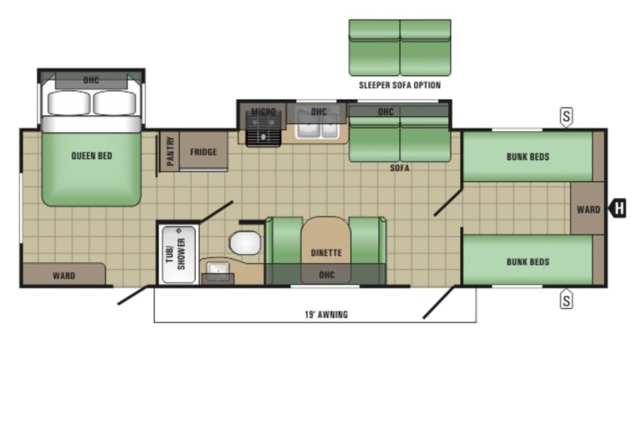 This RV rental floor plan details a spacious layout, including a queen bed, bunk beds, and a full kitchen for comfortable travel.