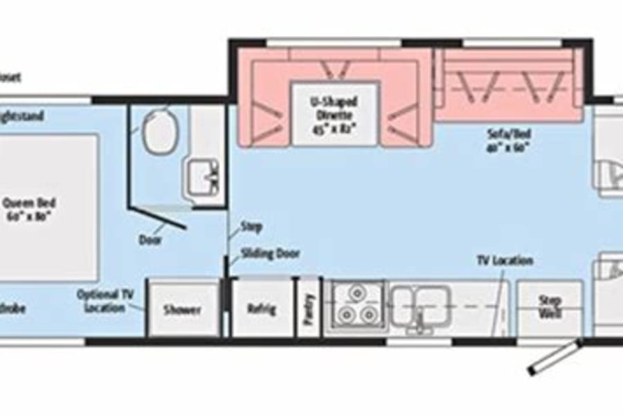 RV rental floor plan: Queen bed, kitchen, bath, dinette, sofa/bed, and overhead bed interior layout.