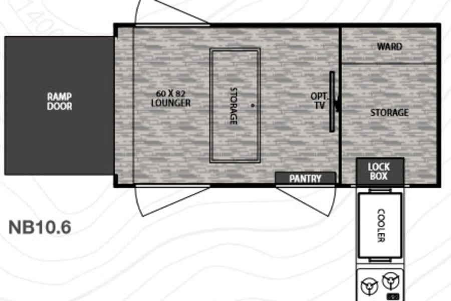 NB10.6 RV rental floor plan: ramp door, 60x82 lounger, storage, pantry, optional TV, and exterior cooler/cooktop.