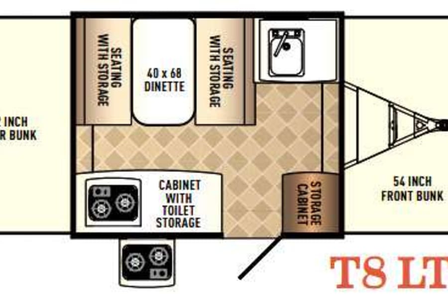 RV rental floor plan of a T8 LTD pop-up camper, showing bunks, dinette, kitchen, and storage.