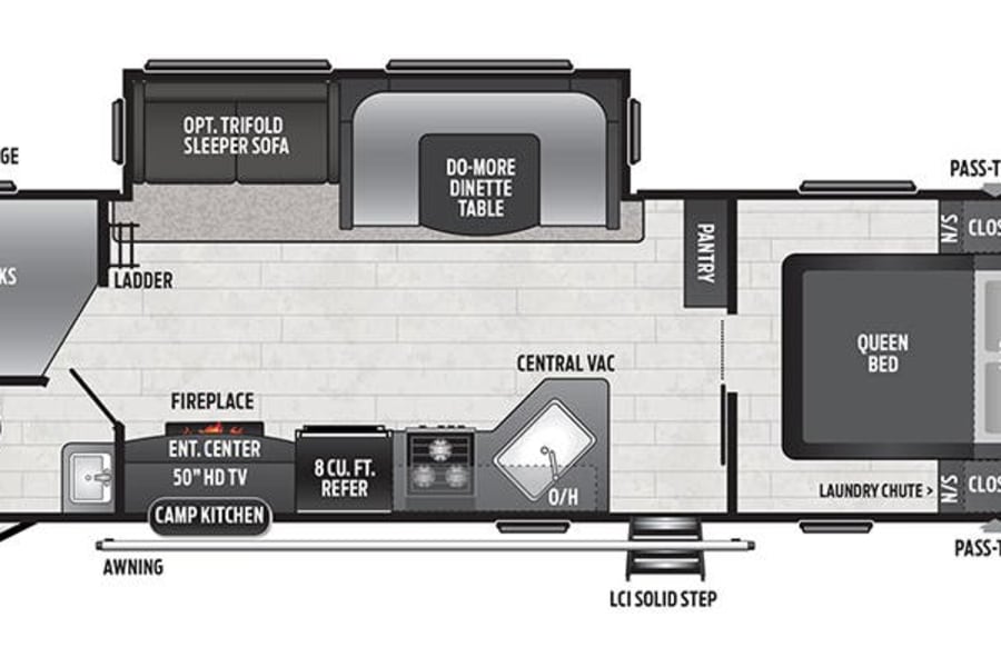 RV rental: detailed travel trailer floor plan featuring queen bed, bunks, kitchen, dinette, bath, & storage for family adventures.