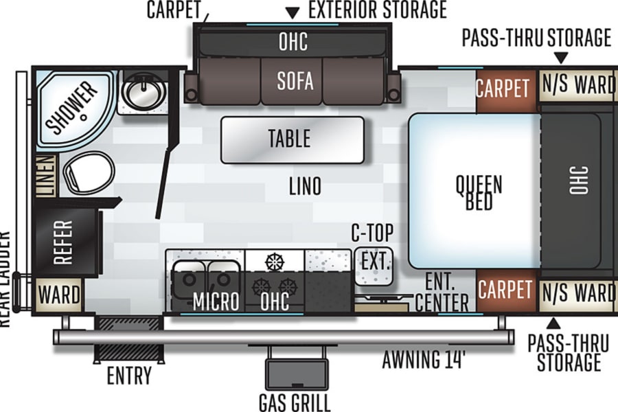 Detailed RV rental floor plan: queen bed, sofa, kitchen, and bath. Shows interior layout & storage for comfortable travel.