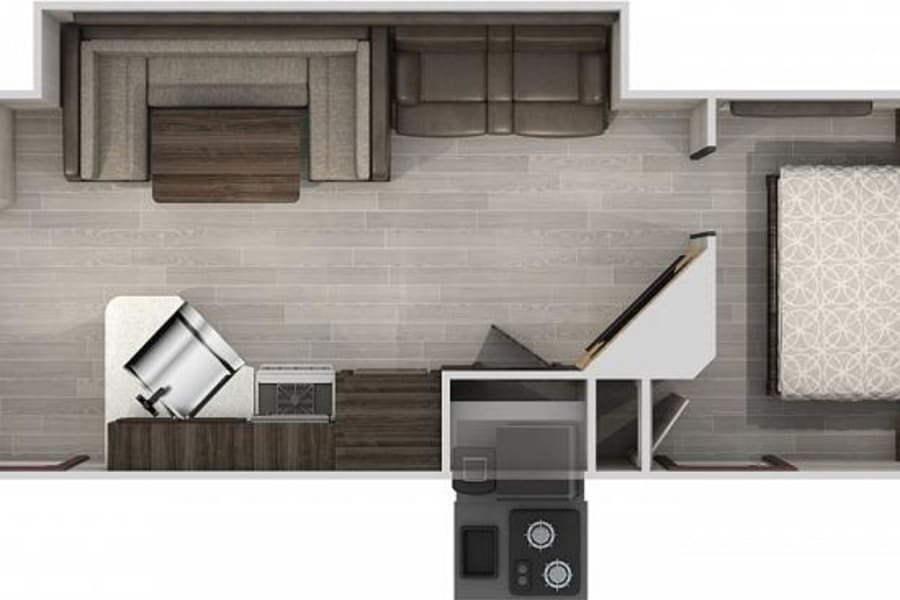 Overhead RV floor plan of a Grey Wolf travel trailer, ideal for rv rental. Shows a bedroom, kitchen, dinette, and full bath.
