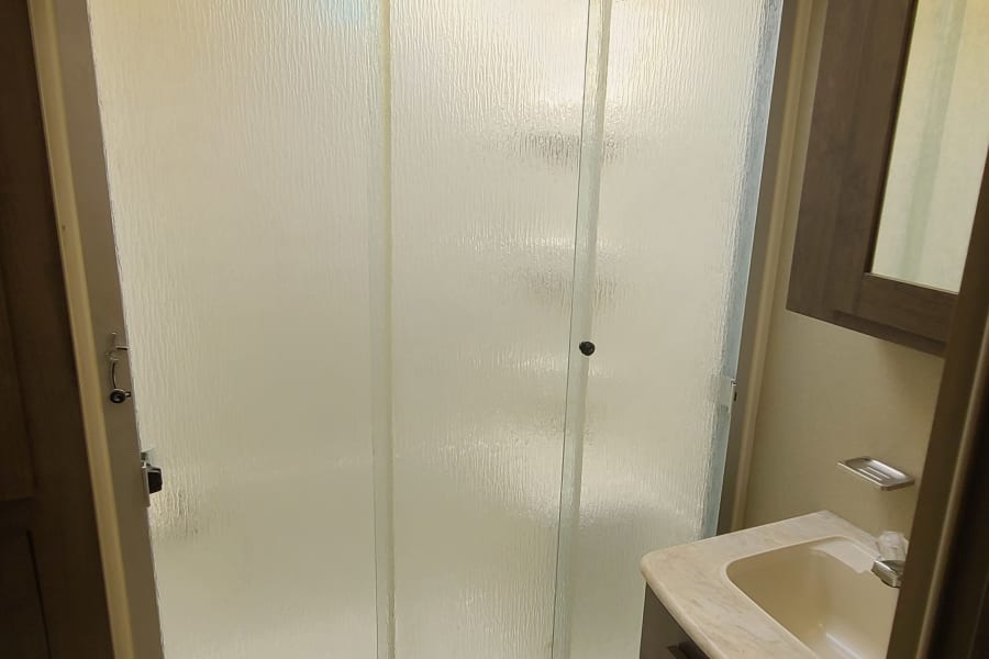 RV rental bathroom featuring a translucent shower, vanity with sink, toilet, and wood-style floor. Functional and compact.
