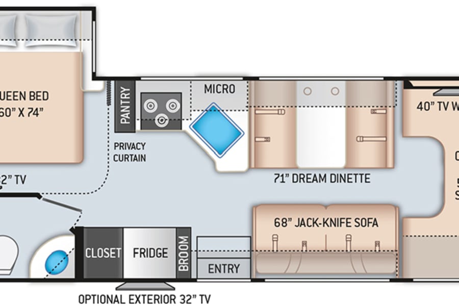 RV rental floor plan: interior layout with queen bed, shower, kitchen, dinette, sofa, and cab-over bunk, detailing living spaces.