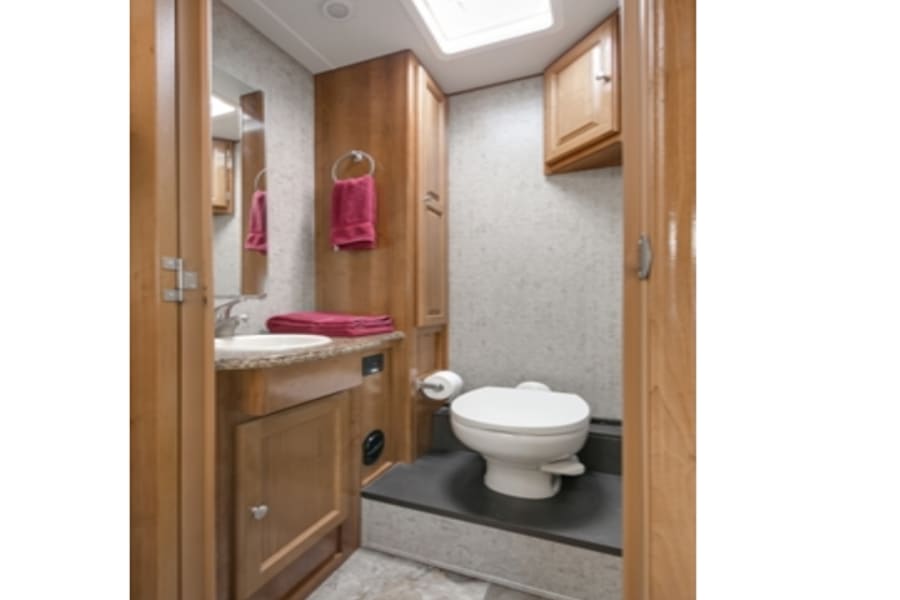 This RV rental's compact bathroom features a vanity with sink, mirror, toilet, and wood cabinetry.
