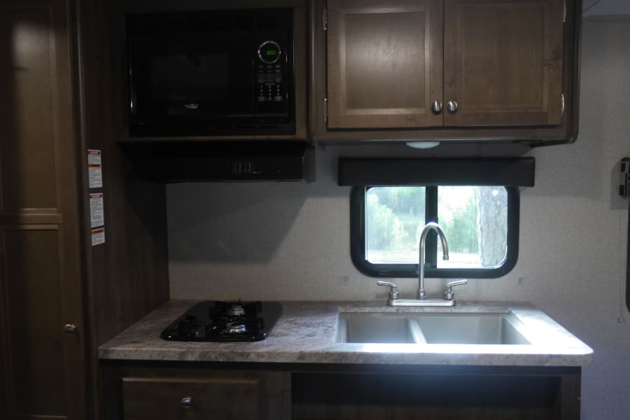 This RV rental kitchen features a microwave, two-burner stovetop, double sink, and wooden cabinets, with a window looking out to trees.