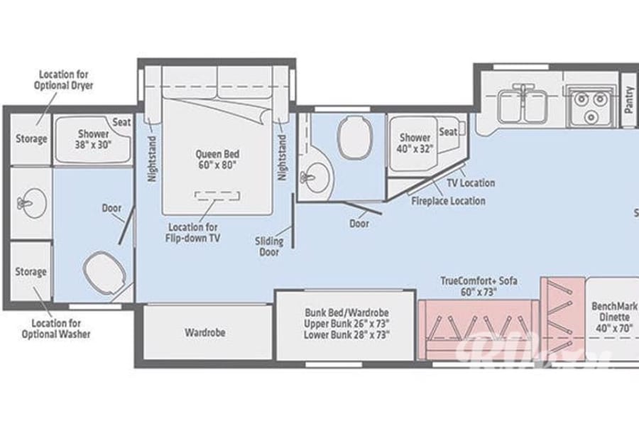 Detailed RV rental floor plan: queen bed, bunk beds, dual bathrooms, kitchen, living space, and dinette.