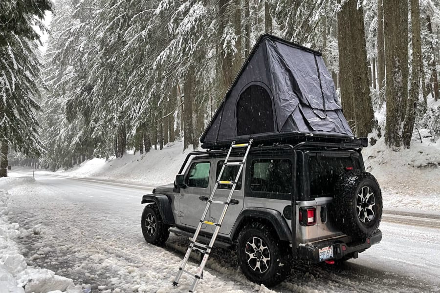 Winter wonderland overlanding: a silver Jeep Wrangler with rooftop tent & ladder, akin to a compact RV rental, amidst snowy trees.