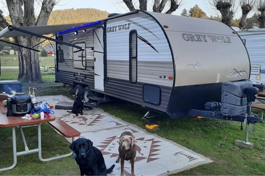 Enjoy an rv rental adventure! This Grey Wolf travel trailer is perfectly set up for camping with three dogs and outdoor cooking.