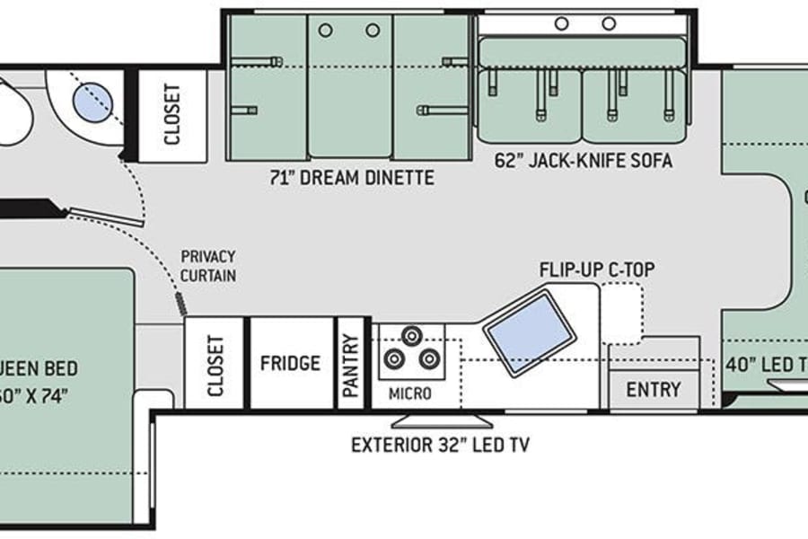 RV rental floor plan detailing a spacious interior with queen bed, cab-over bunk, dinette, sofa, kitchen, and bathroom.