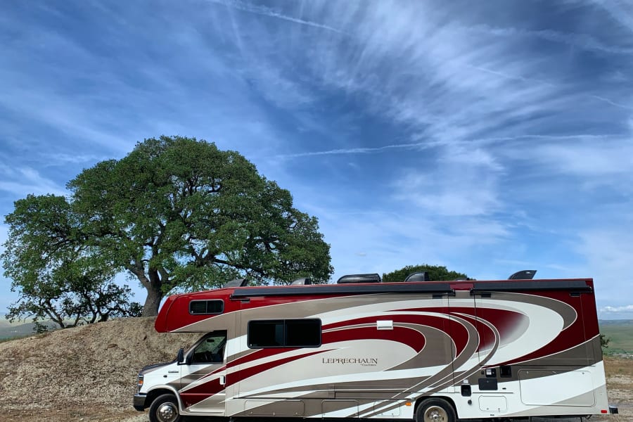 A Leprechaun rv rental with striking maroon graphics, parked by a grand oak tree under a clear blue sky.