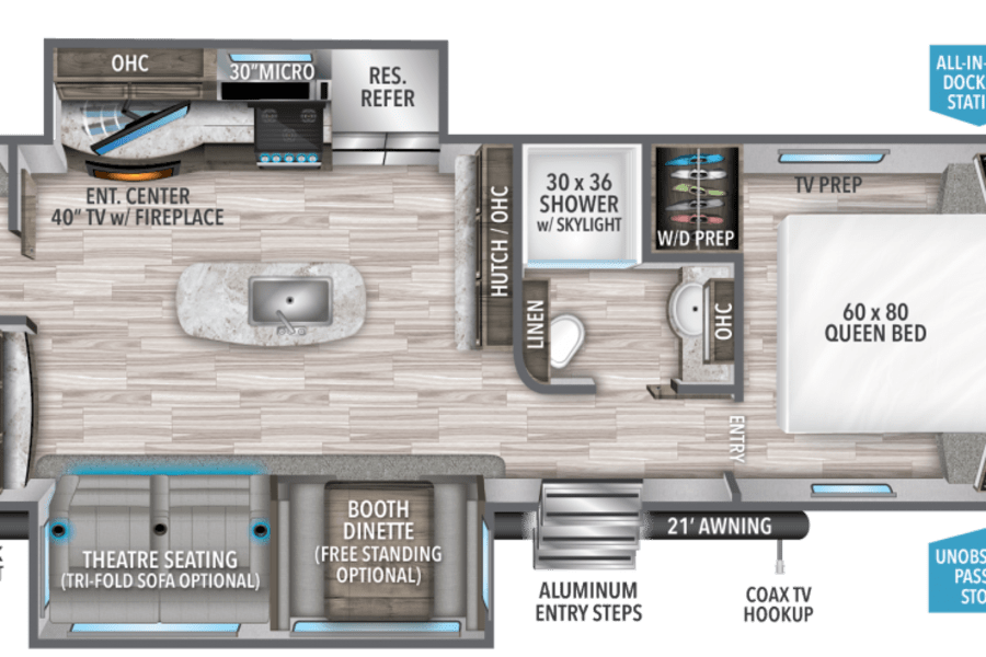 Detailed RV rental floor plan: bunkhouse, queen bed, kitchen island, dinette, and entertainment center for family camping.