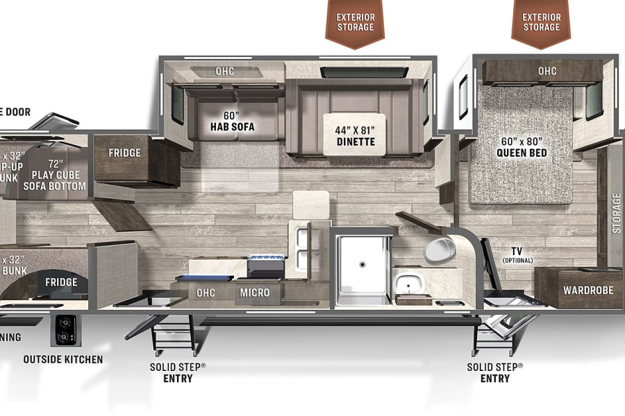 Detailed RV rental floor plan showing sleeping areas (queen, bunks), dinette, kitchen, bath, and outdoor features.