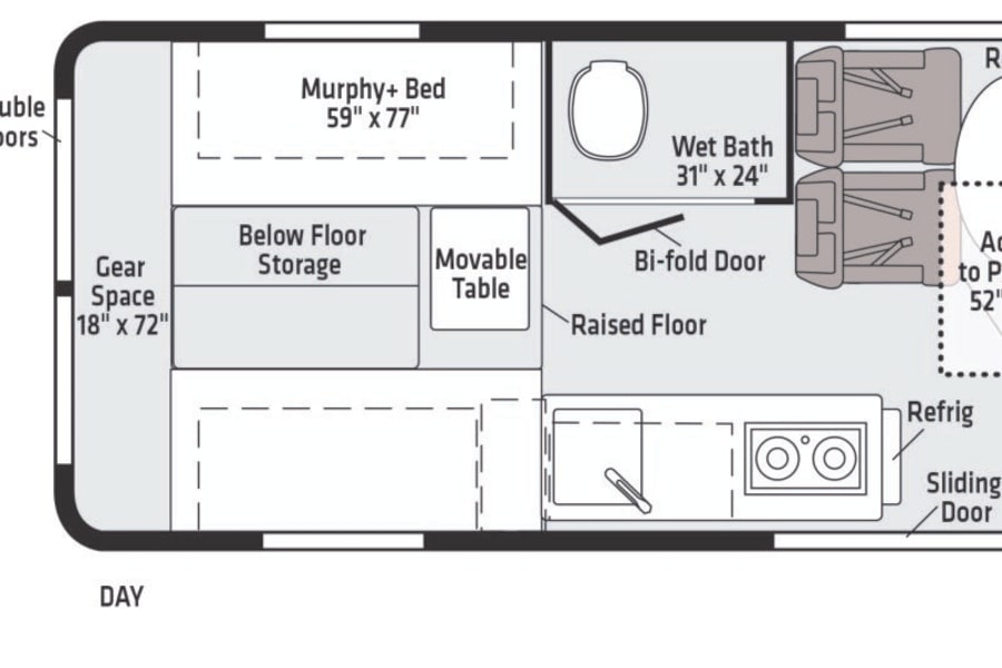This RV rental floor plan illustrates day & night configurations with a Murphy bed, wet bath, kitchen, seating, and storage.