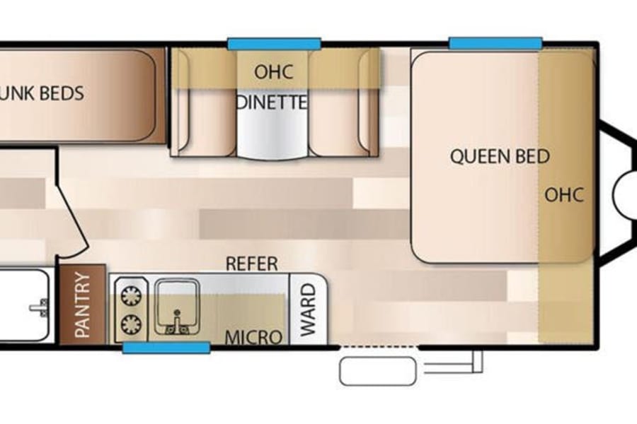 RV rental floor plan displays interior layout: queen bed, bunks, dinette, kitchen, and bathroom.