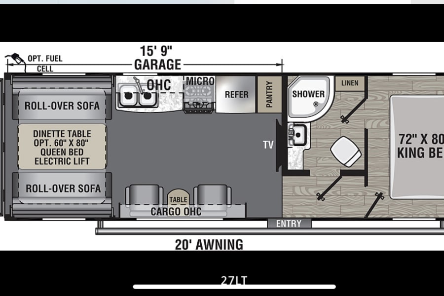 This RV rental floorplan shows a toy hauler with a 15'9" garage, king bed, kitchen, bath, and a 20' awning.