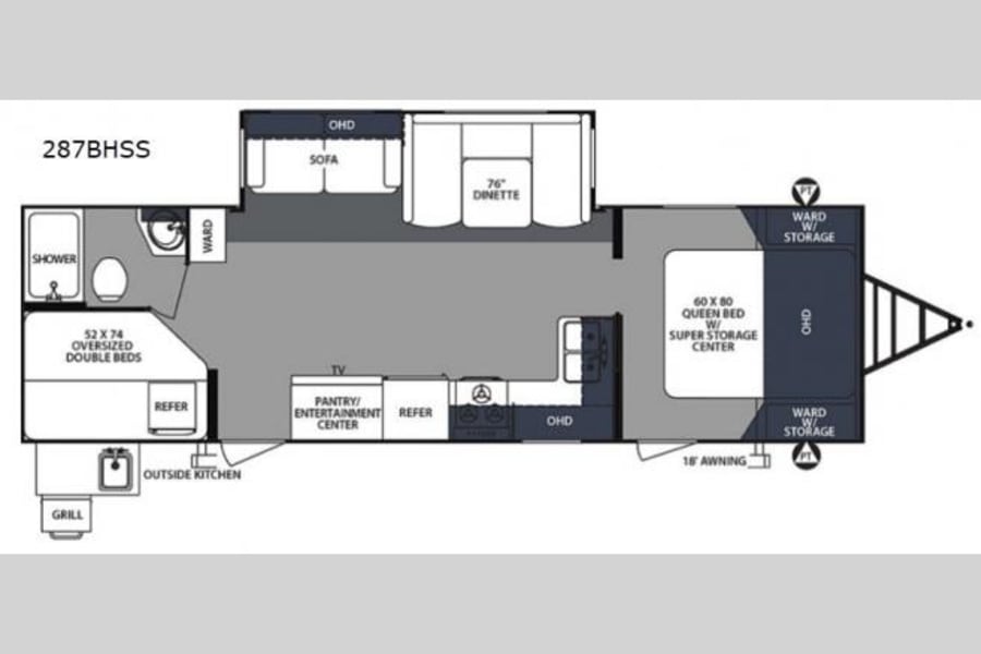 Detailed RV rental floor plan for the 287BHSS, highlighting a queen bed, double bunk beds, full bath, and kitchen amenities.