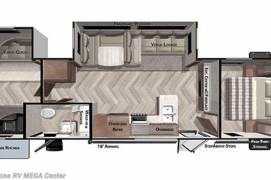 Visualize your RV rental adventure! Top-down floor plan with multiple bedrooms, bath, kitchen, living, and outdoor cooking.