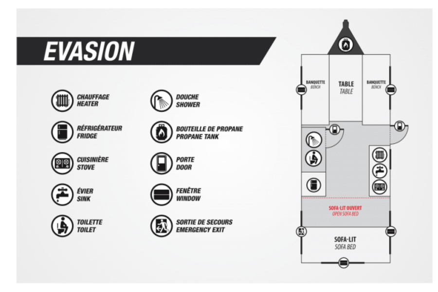 RV rental floor plan: "EVASION" model layout detailing amenities like kitchen, bath, and convertible sofa bed.
