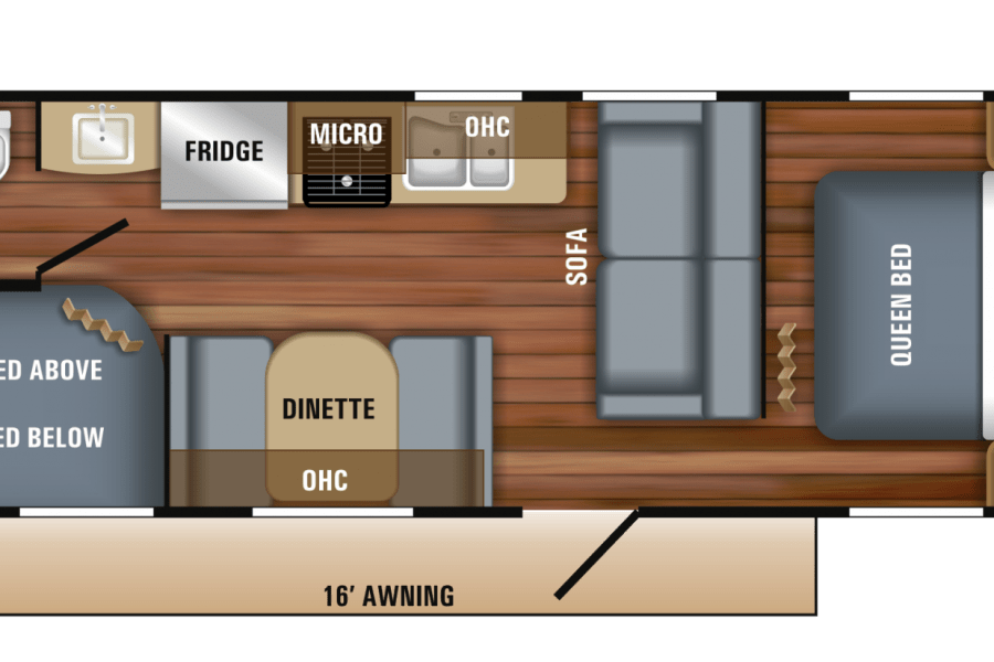 This RV rental floor plan shows a queen bed, bunk beds, kitchen, bath, dinette, sofa, and 16' awning.