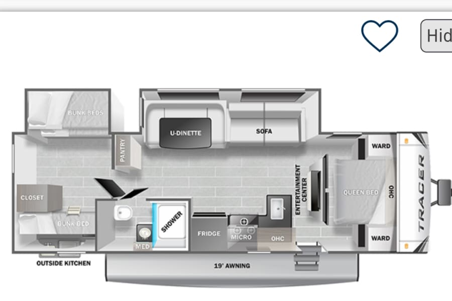 Explore potential RV rental options with these detailed floor plans for 29RLS and 31BHD travel trailers, showing layouts with beds, kitchen, and living spaces.