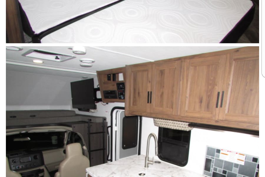 Step inside this RV rental, showcasing a functional kitchen, comfy bed, dinette, and driver's cabin.