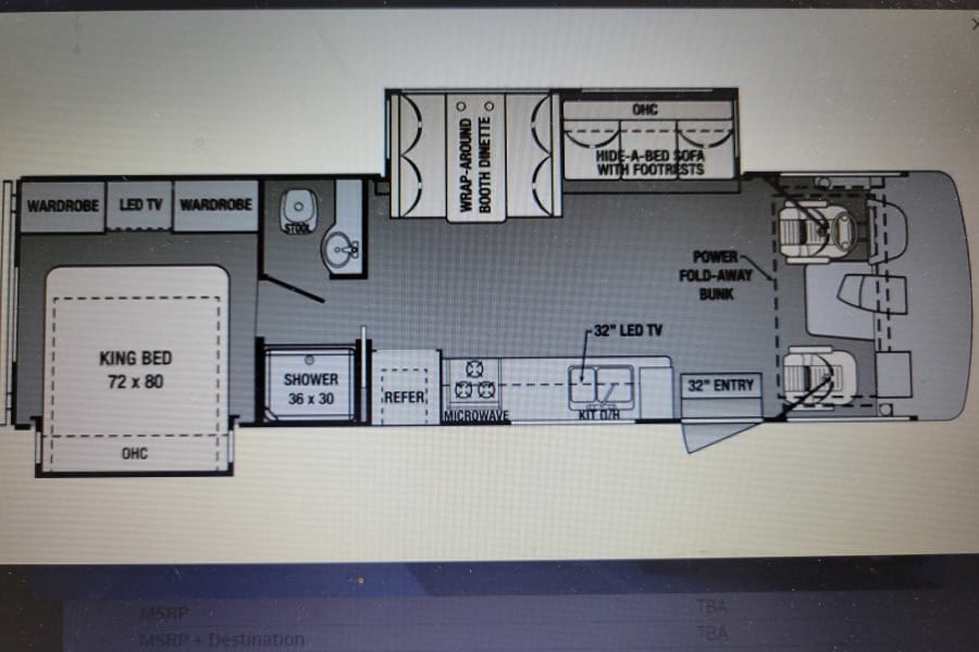 Detailed RV floor plan, ideal for **rv rental** planning, featuring a King bed, kitchen, bath, sofa, dinette, and bunks.