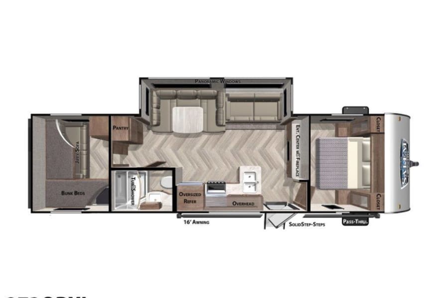 RV rental floor plan: Salem 273QBXL layout with bunk beds, Jiffy sofa, kitchen, bath, and master bedroom w/ fireplace.