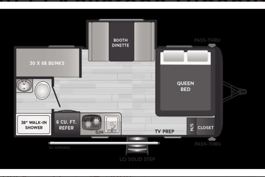 Detailed rv rental floor plan: queen bed, bunks, dinette, kitchen, walk-in shower. Visualize your spacious travel home.