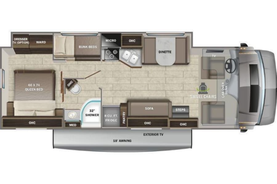 This RV rental motorhome floor plan shows a queen bed, bunks, dinette, kitchen, bathroom with shower, and front cab area.