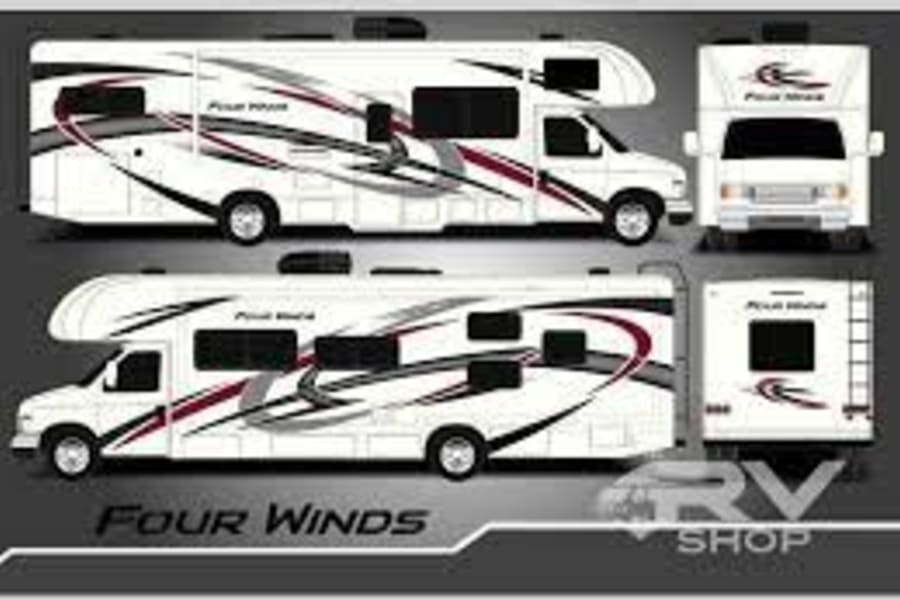 Side, front, and rear views of a white Four Winds Class C RV with maroon/gray graphics, ideal for your next RV rental.