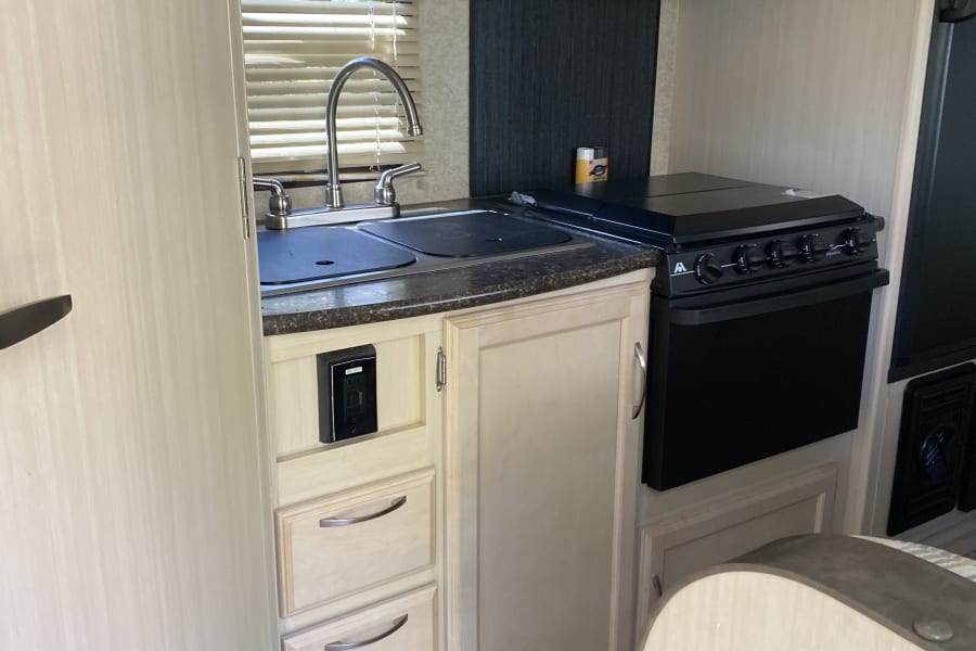 Experience comfort in this RV rental's well-equipped kitchen galley, featuring a sink, stove, microwave, and ample storage.