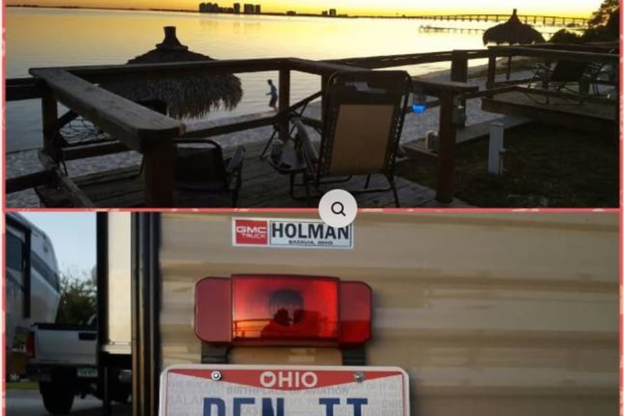 Enjoying the sunset from an RV campground, featuring an Ohio RV rental with a unique plate and a view of the water.