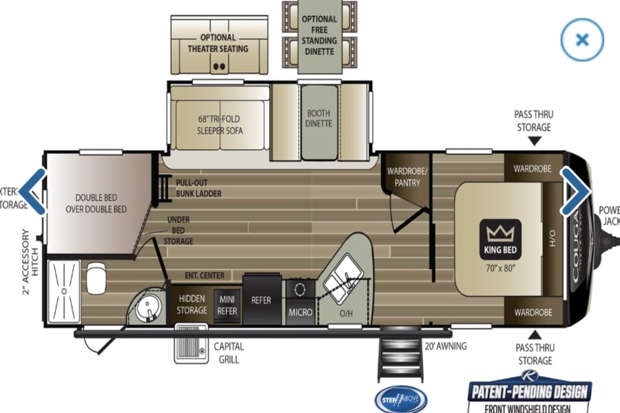 RV rental floor plan: spacious travel trailer with king bed, bunks, and kitchen. Ideal for family trips.