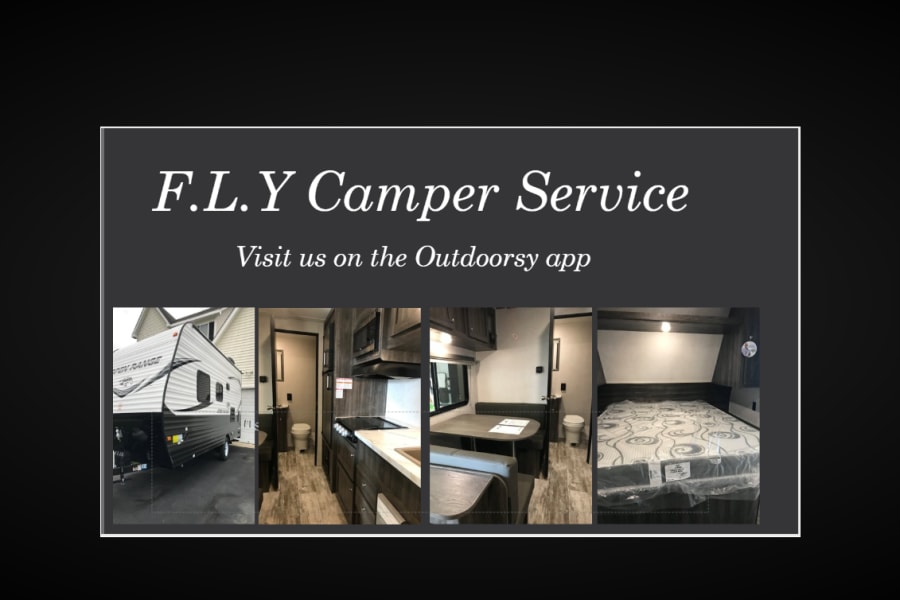 F.L.Y Camper Service: RV rental showing exterior, bathroom, kitchen, and bedroom. Book via the Outdoorsy app.