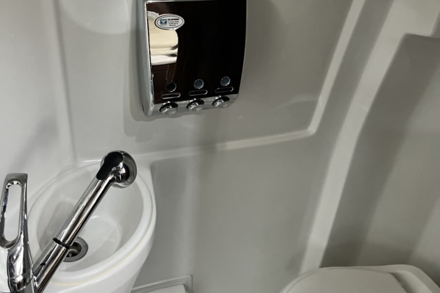 Inside an RV rental: a compact wet bath with a toilet, sink/shower, and wall-mounted dispenser. Efficient for travel.