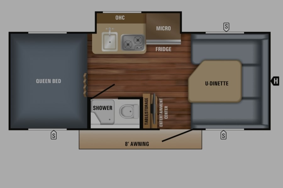 Detailed RV rental floor plan. Features a queen bed, U-dinette, kitchen with micro/fridge, bath with shower, & 8' awning.