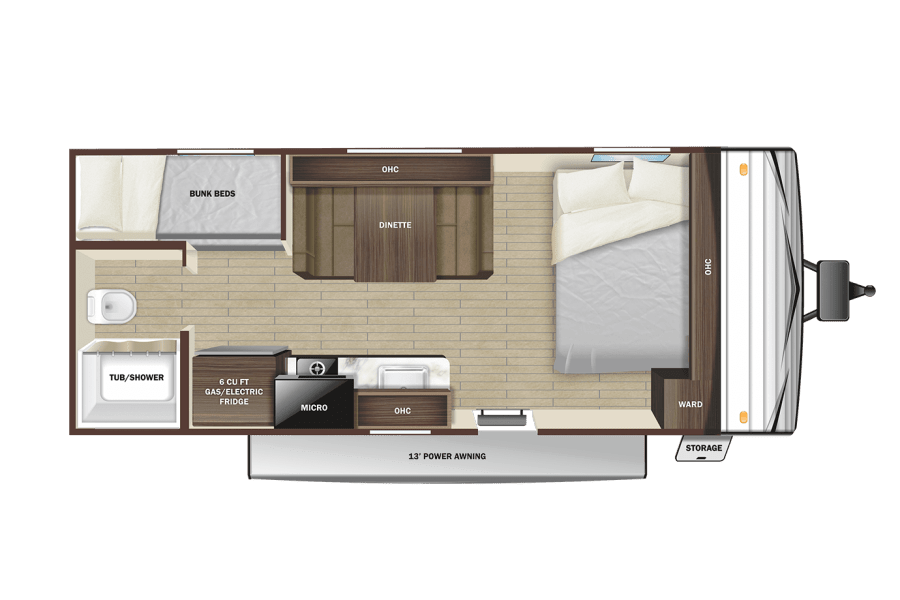 View an RV rental's interior layout: bunk beds, private bath, kitchen, dinette, & master bed with storage.