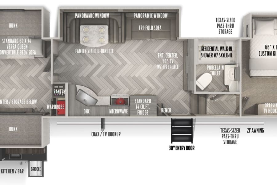 RV rental floor plan: spacious layout with king bed, bunks, U-dinette, multiple baths, outdoor kitchen, fireplace.