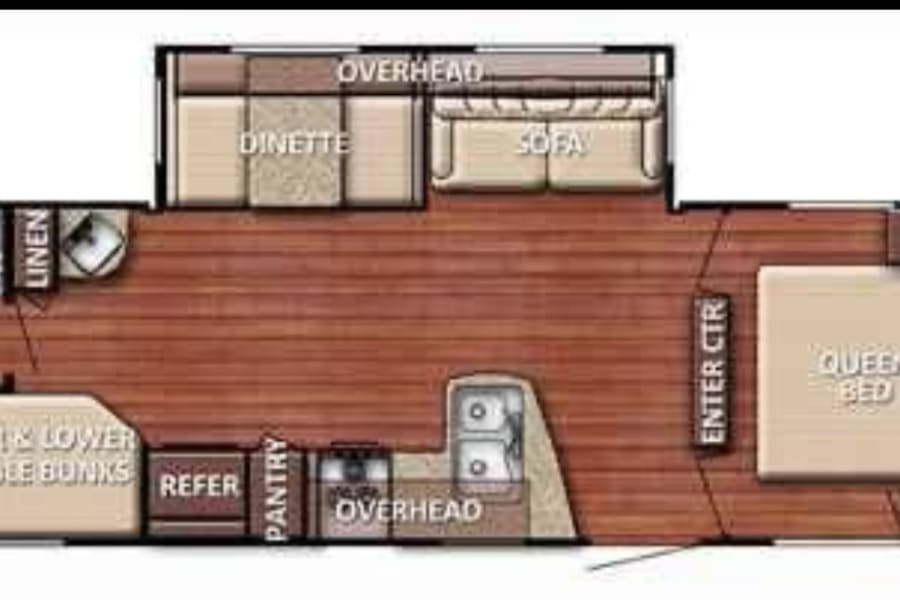 RV rental floor plan: queen bed, bunks, kitchen, dinette, bath, sofa layout for comfortable travel.